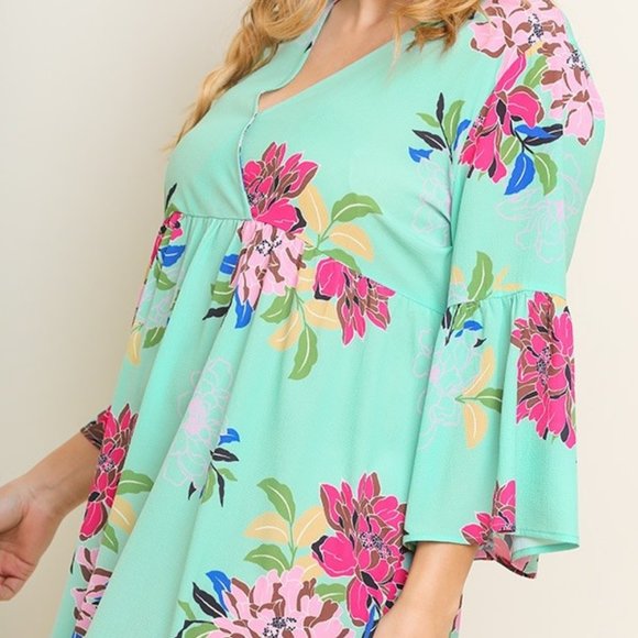 Umgee Plus Mint Floral Keyhole Back Babydoll Dress - Picture 2 of 6